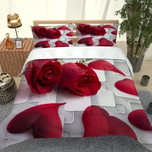 MQBHJI Housse De Couette 220X240 cm 3D Motif Coeur Rose Rouge – Parure De Lit Adulte en Microfibre 2 Personnes avec Fermeture Éclair, Housse Couette Imprimé avec 2 Taies d’oreiller 50×75 cm