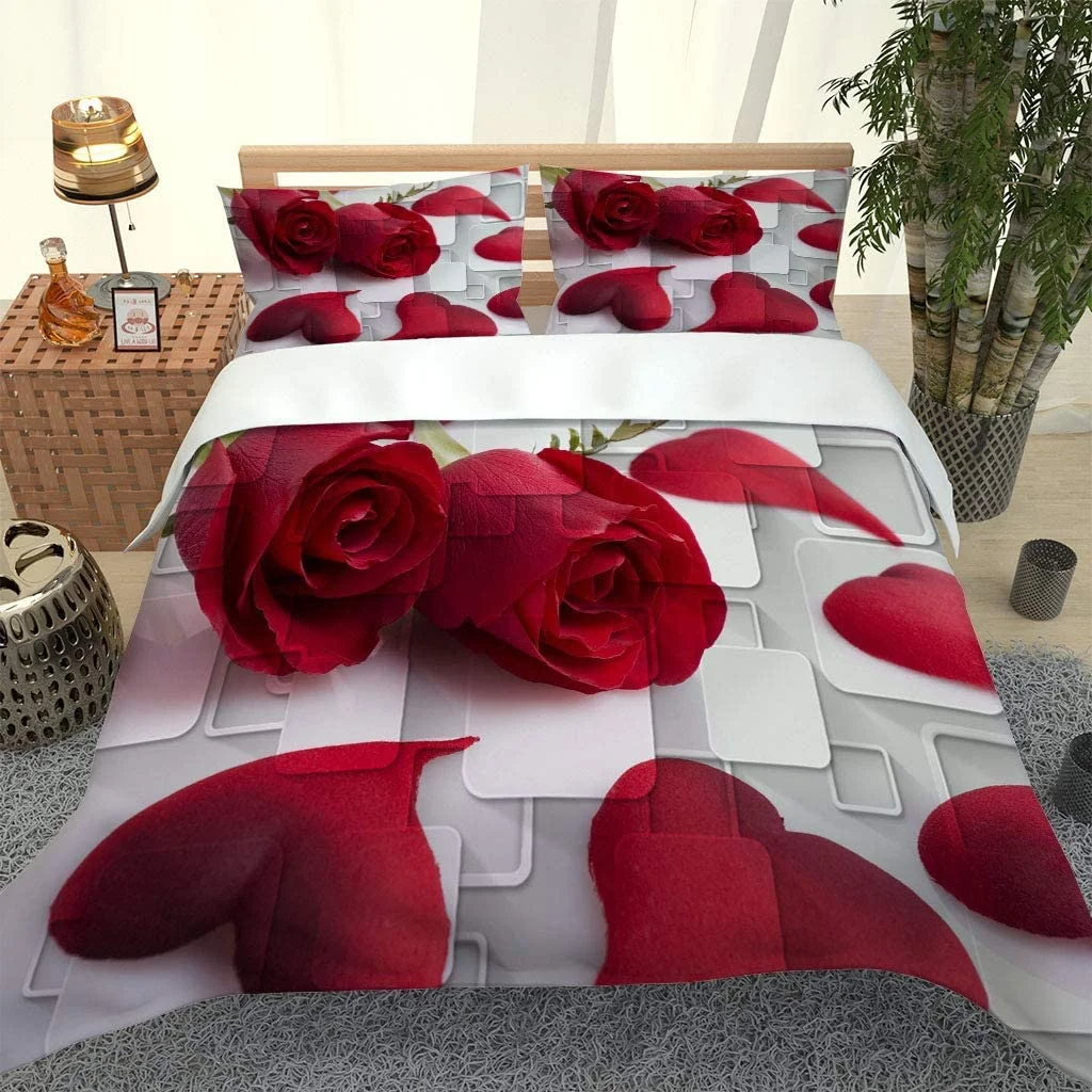 MQBHJI Housse De Couette 220X240 cm 3D Motif Coeur Rose Rouge – Parure De Lit Adulte en Microfibre 2 Personnes avec Fermeture Éclair, Housse Couette Imprimé avec 2 Taies d’oreiller 50×75 cm